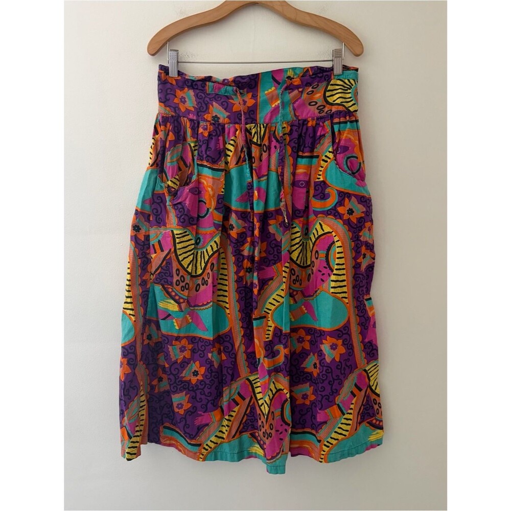 Vintage Midi Skirt 70s Colorful Bright Purple Pink Maximalist Artsy Boho